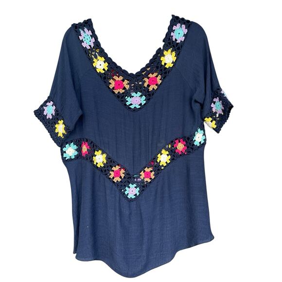 Rain Womens Granny Square Crochet Blouse Medium Blue Boho V Neck Hippie Festival - Picture 2 of 11
